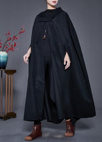 Plus Size Svart Hette Overdimensjonert Ull Trench Kappe Ermer