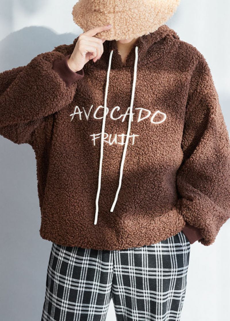 Sjokolade Tykk Fleece Ull Sweatshirt Streetwear Letter Brodert Winter - Kaffe