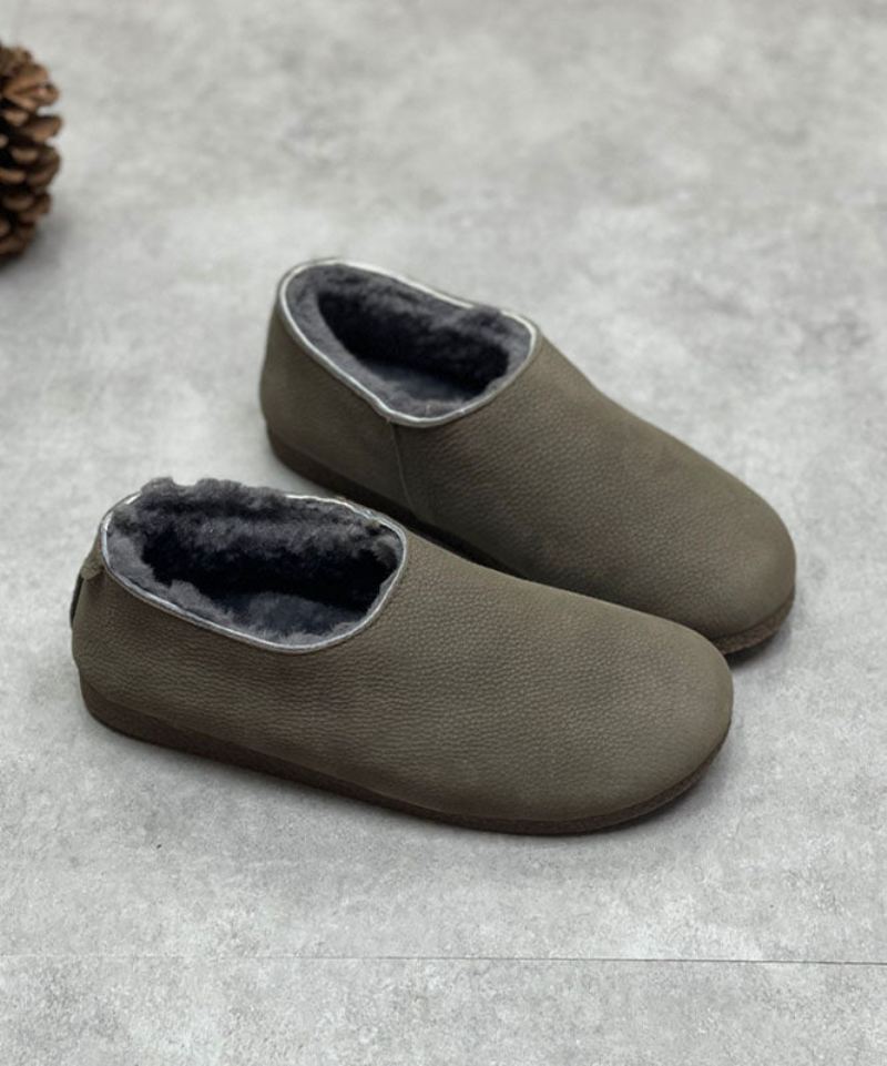 Sjokoladestøvler Okseskinn Fuzzy Wool Lined Flat Boots - Kaffe