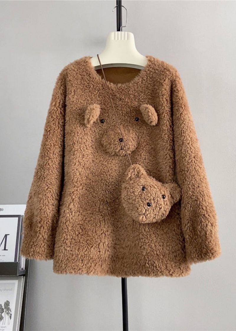 Søt Kaffe O Neck Ull Løs Teddy Bear Vinter Pullover