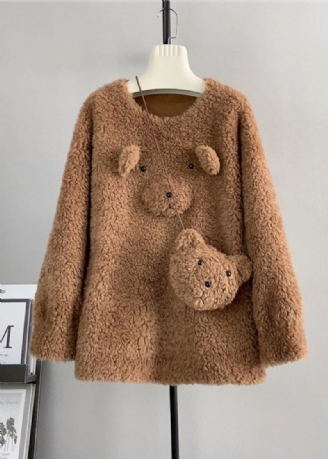 Søt Kaffe O Neck Ull Løs Teddy Bear Vinter Pullover