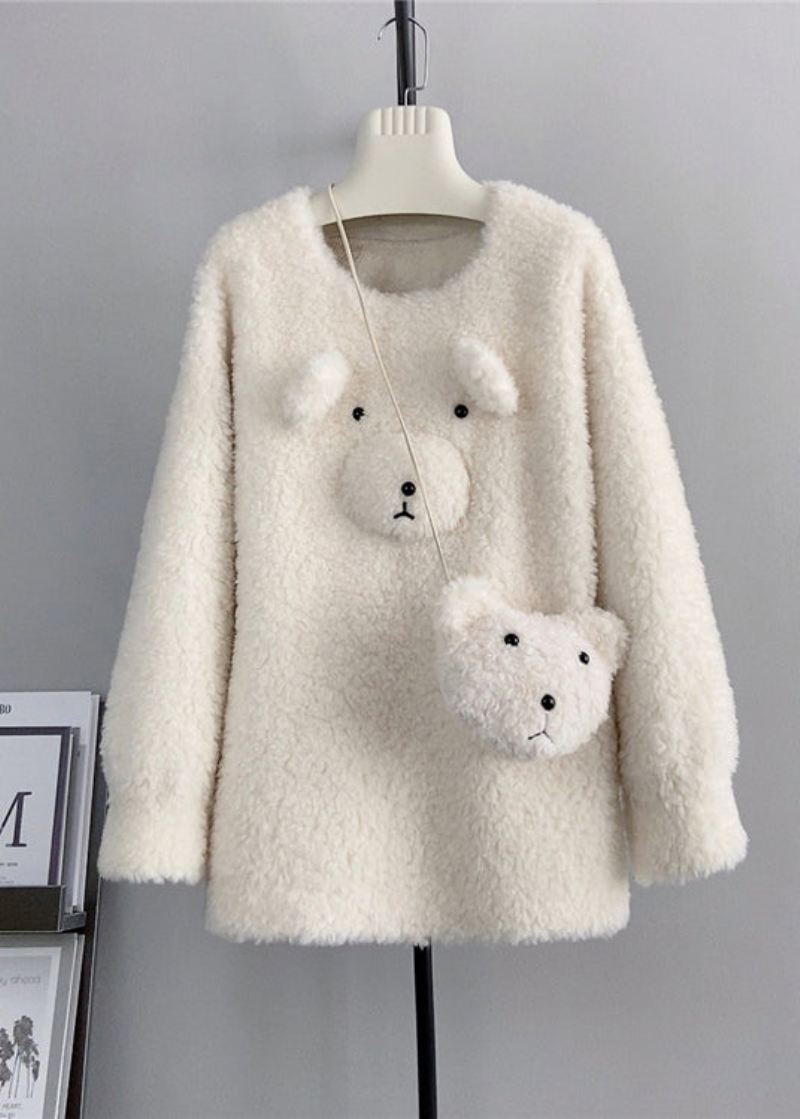 Søt Kaffe O Neck Ull Løs Teddy Bear Vinter Pullover - Ullkåper for kvinner