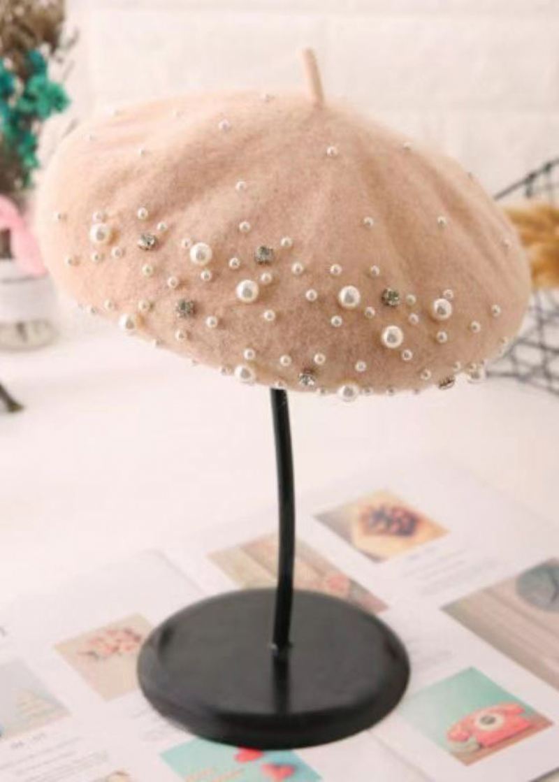 Stilig Allsidig Rosa Nail Bead Ull Beret Hat - Ullkåper for kvinner