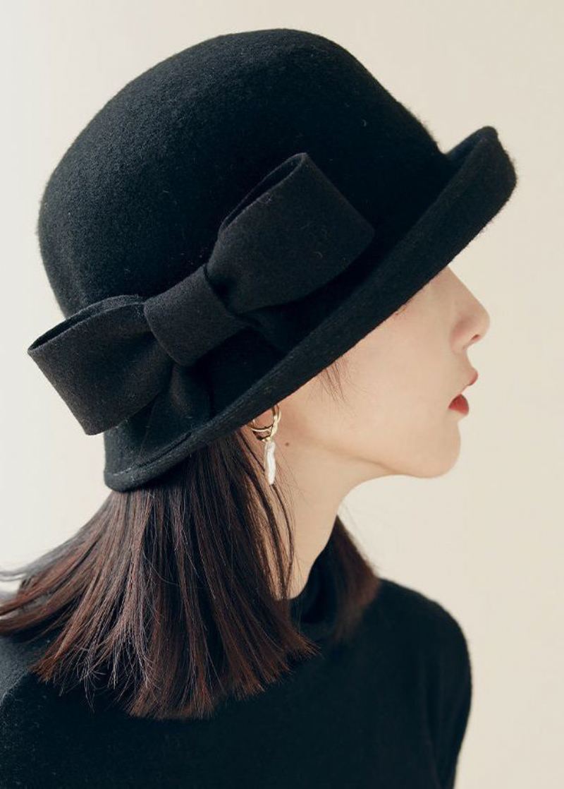 Stilig Black Bow Edge Curl Ull Cloche Hat