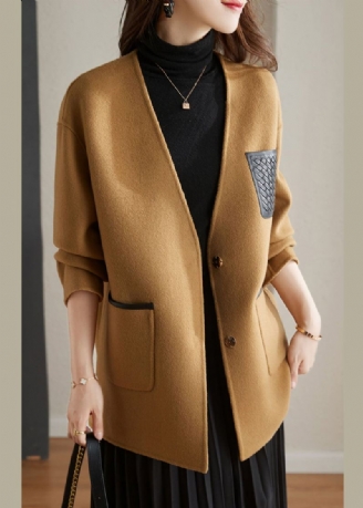 Stilig Camel V-hals Patchwork Button Ull Blend Coats Fall