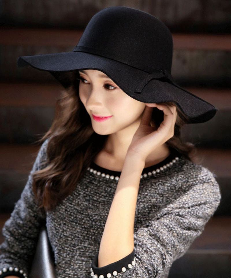 Stilig Mulberry Wave Brim Sløyfe Ull Cloche Hat - Mulberry