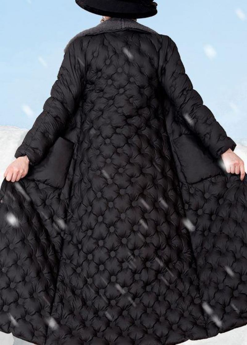 Svart Dunfrakk Vinter Trendy Plus Size Kaninull Krage Vinterjakke Lommer Elegant Yttertøy - Ullkåper for kvinner