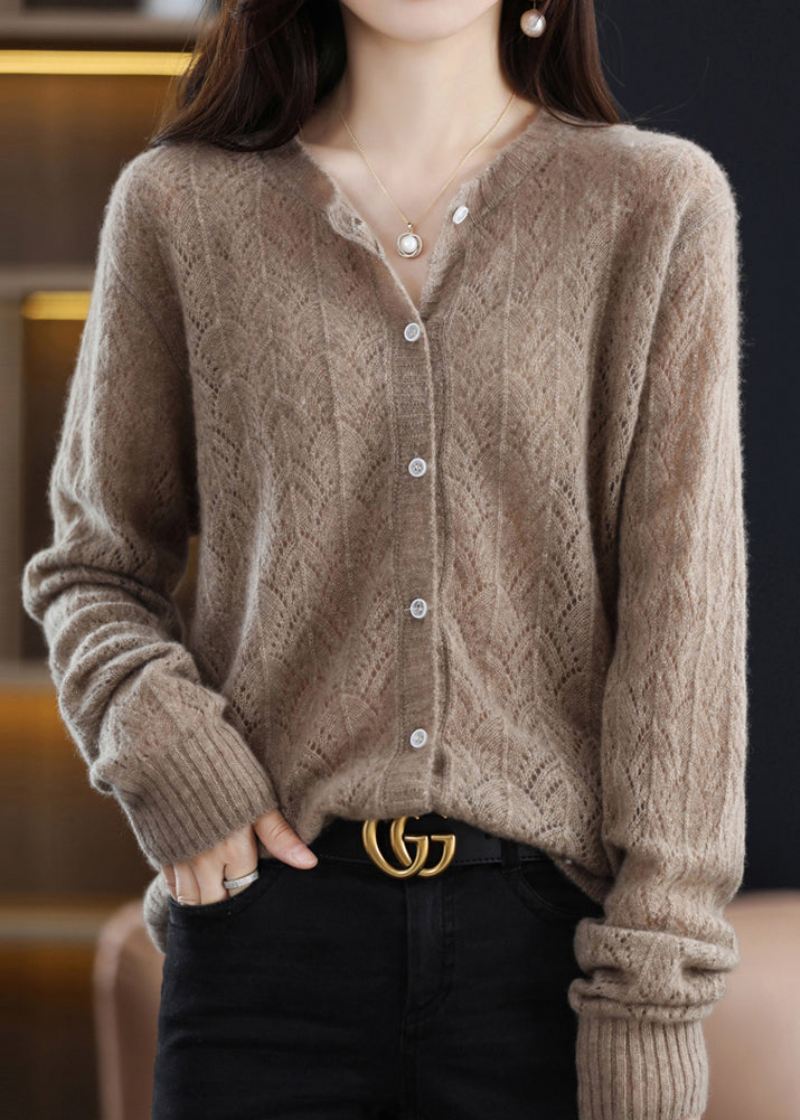 Tilpasset Beige O-hals Hollow Out Button Patchwork Ull Cardigans Fall - Ullkåper for kvinner