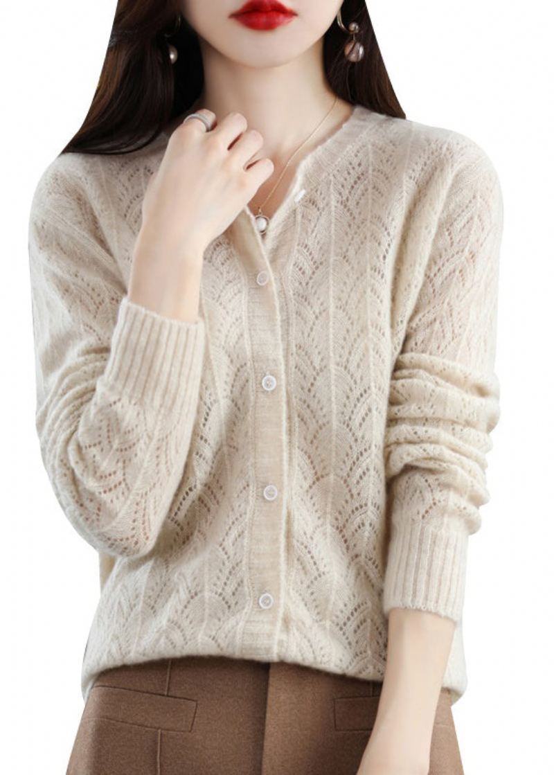 Tilpasset Beige O-hals Hollow Out Button Patchwork Ull Cardigans Fall - Ullkåper for kvinner