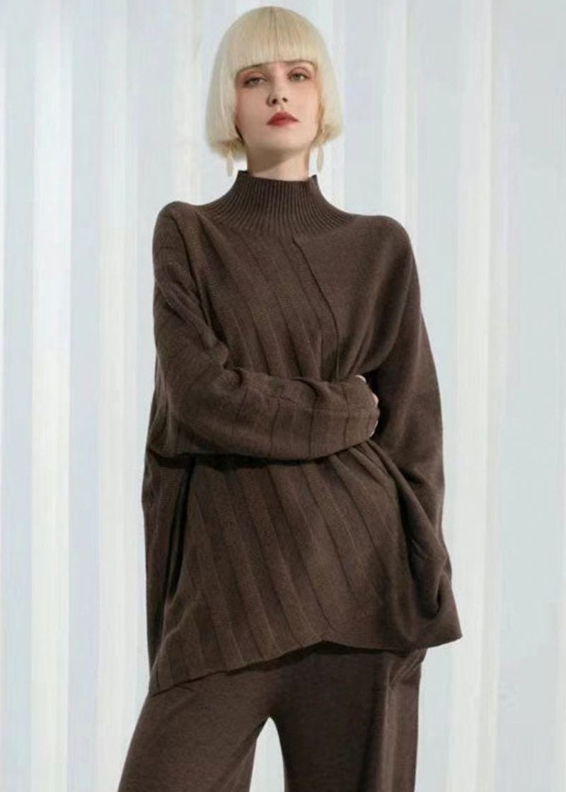 Uformell Mørk Khaki Turtle Neck Tykk Asymmetrisk Design Ull Genser Langermet