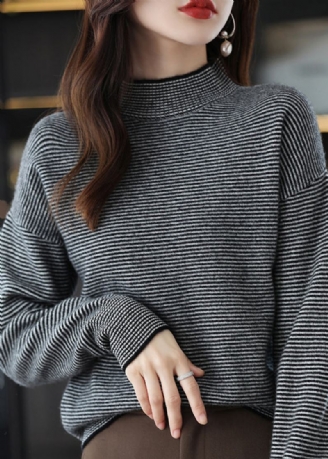 Uformell Svart Turtleneck Stripete Patchwork Ullstrikket Topp Med Lange Ermer