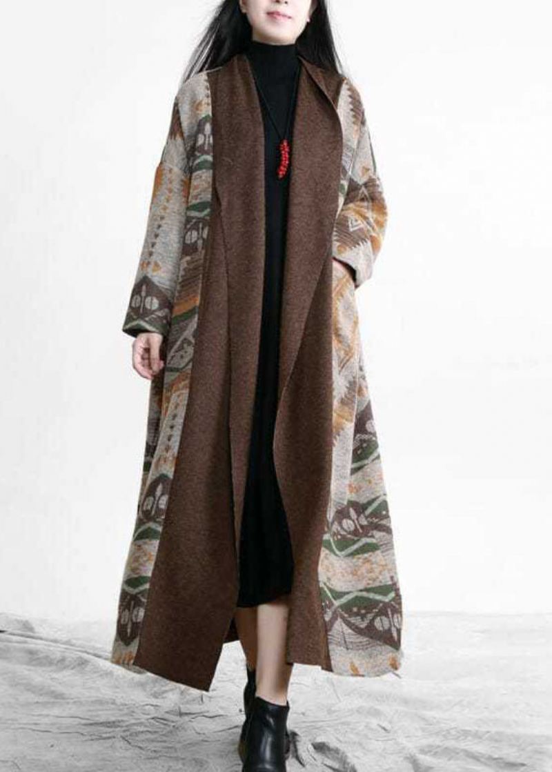 Unik Khaki Oversized Patchwork Print Ull Løs Cardigan Fall