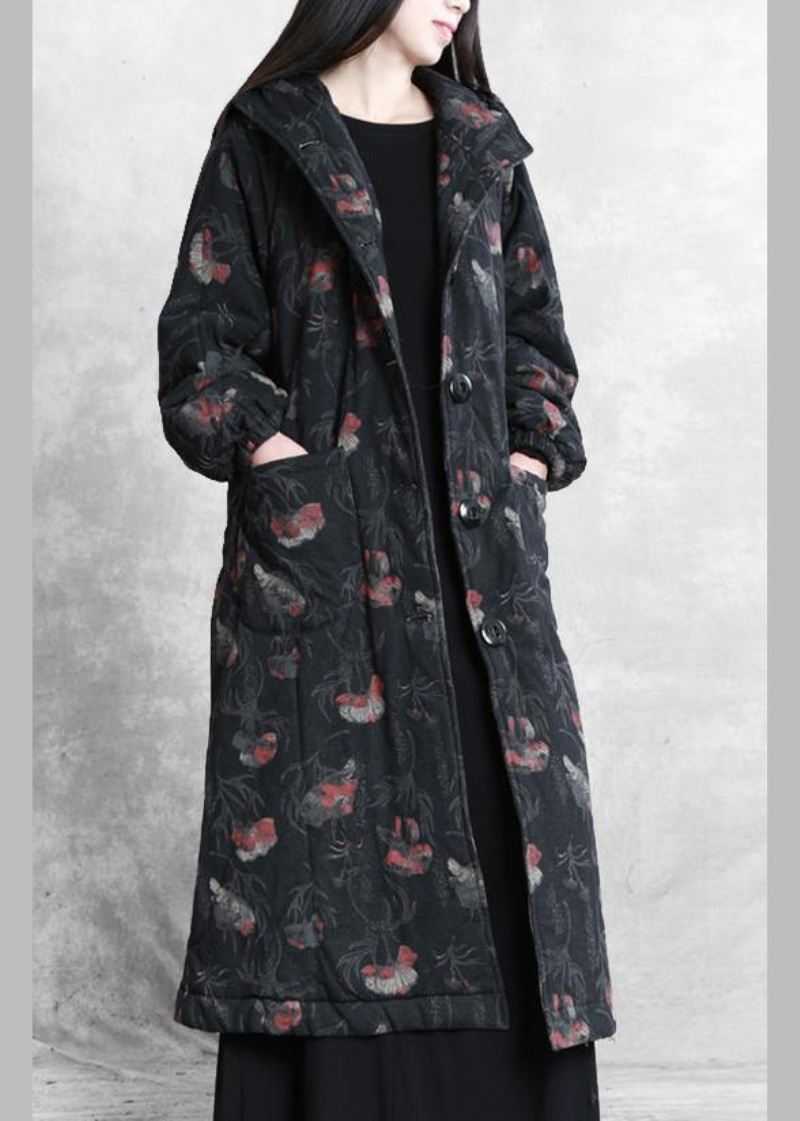 Vintage Oversize Trenchcoat Mørk Grå Print Hette Button Down Woolen Coats - Ullkåper for kvinner