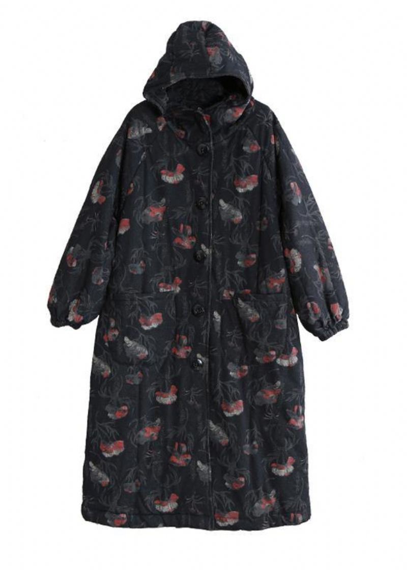 Vintage Oversize Trenchcoat Mørk Grå Print Hette Button Down Woolen Coats - Ullkåper for kvinner