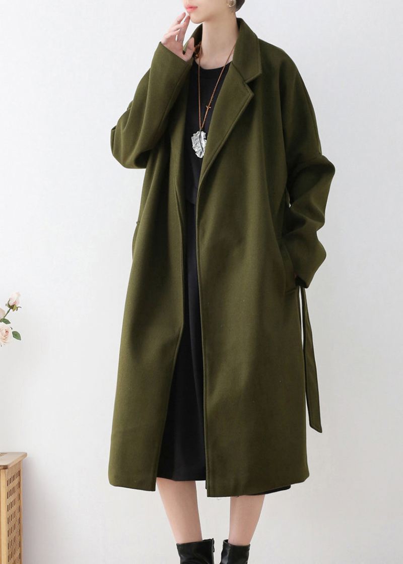 Vogue Army Green Notched Tie Midje Ull Trench Coats Vinter