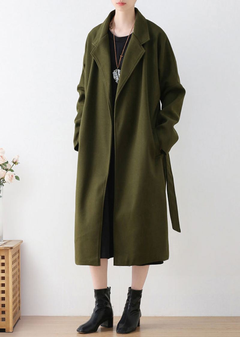 Vogue Army Green Notched Tie Midje Ull Trench Coats Vinter - Ullkåper for kvinner