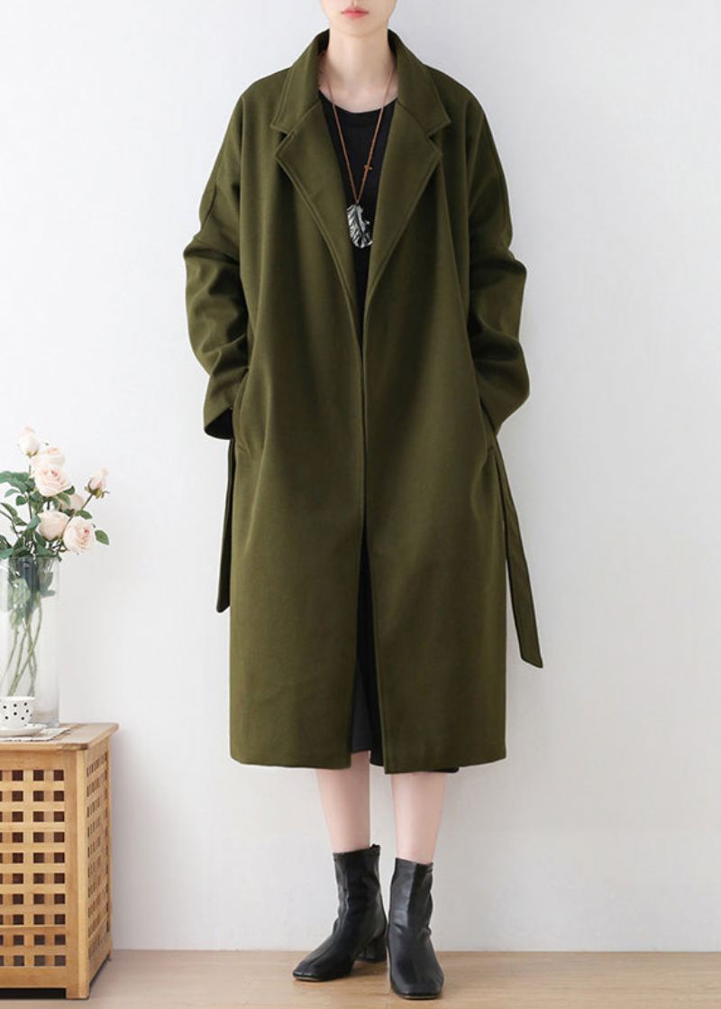 Vogue Army Green Notched Tie Midje Ull Trench Coats Vinter - Ullkåper for kvinner