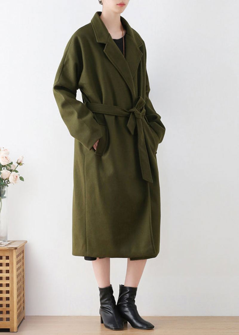 Vogue Army Green Notched Tie Midje Ull Trench Coats Vinter - Ullkåper for kvinner