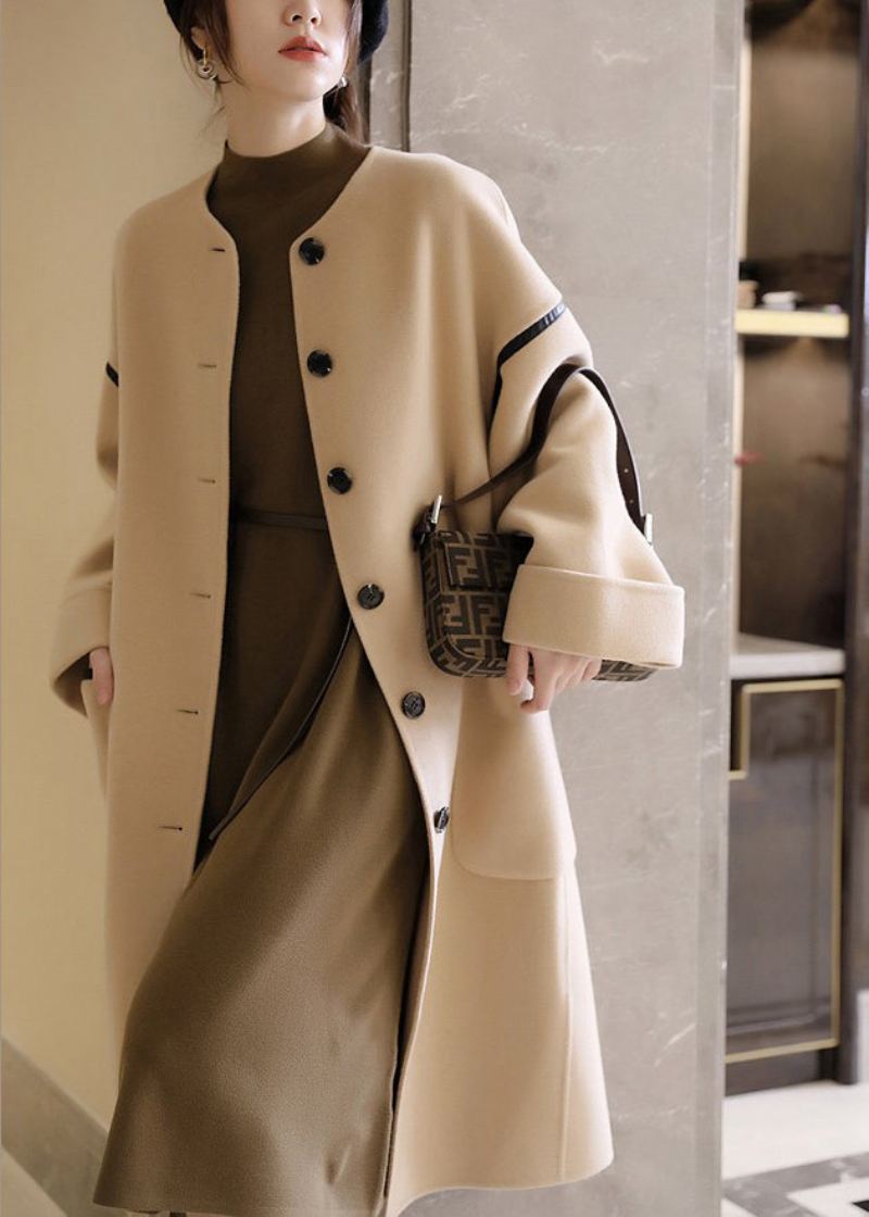 Vogue O-hals Lommer Patchwork Button Ull Trench Coats Langermet