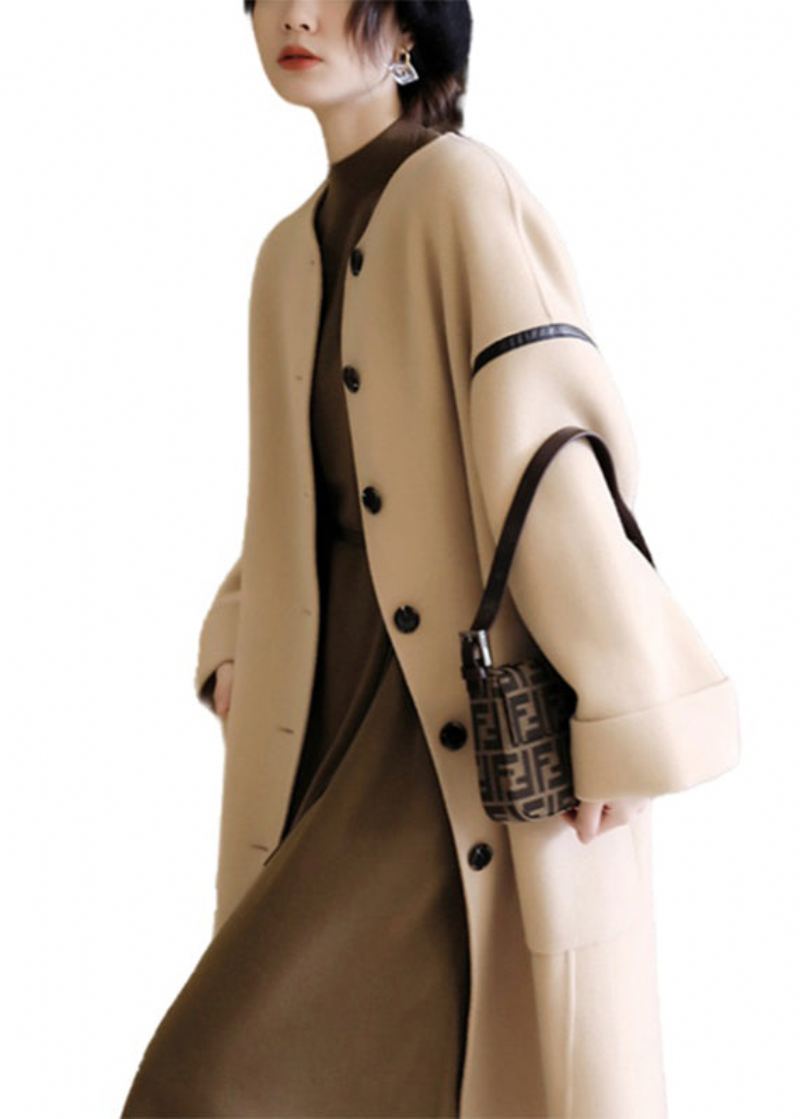 Vogue O-hals Lommer Patchwork Button Ull Trench Coats Langermet - Ullkåper for kvinner