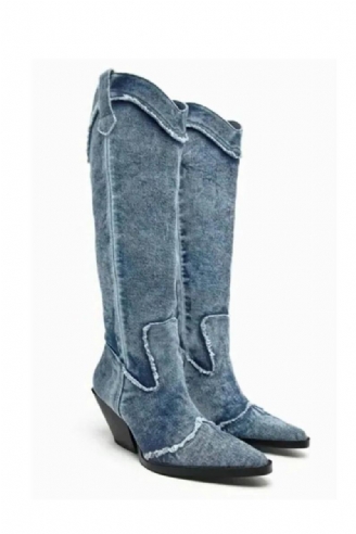 Denim Boots For Dame Høye Støvler Krystall Frynser Hæler Luksus Sko Retro Chelsea