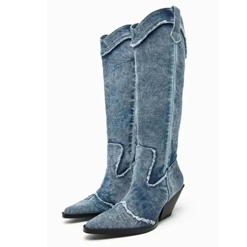 Denim Boots For Dame Høye Støvler Krystall Frynser Hæler Luksus Sko Retro Chelsea - Mørkegrå