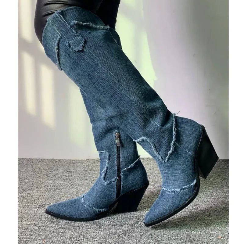 Denim Boots For Dame Høye Støvler Krystall Frynser Hæler Luksus Sko Retro Chelsea - Mørkegrå