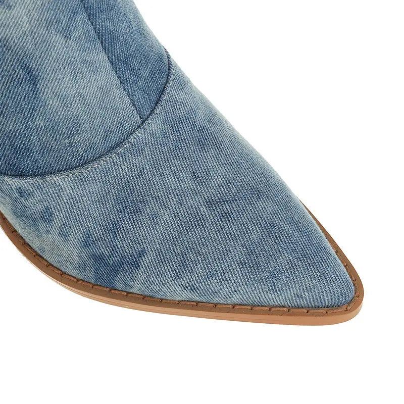 Denim Western Kvinner Knehøye Støvletter Kiler Høyhælte Cowboystøvler Slip On Høst Vinter Damesko - Blå