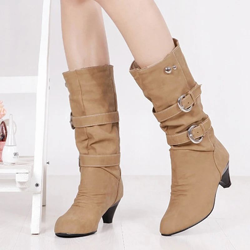 Høst Vinter Skinnspenne Chunky Heels Mid Calf Boots Rund Toe Slip On Casual Damesko - Gul