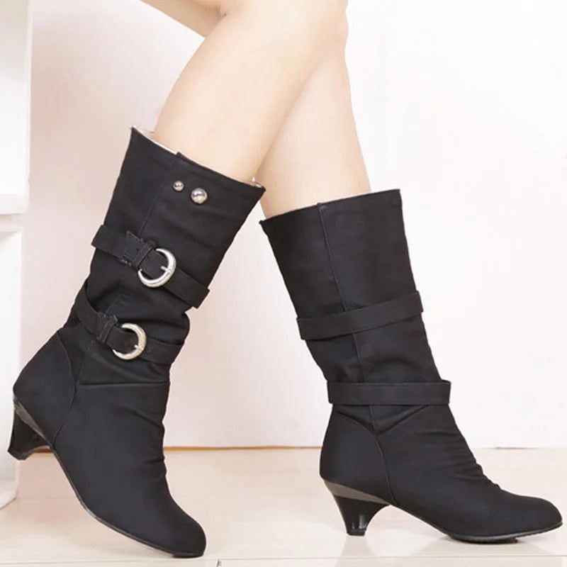 Høst Vinter Skinnspenne Chunky Heels Mid Calf Boots Rund Toe Slip On Casual Damesko - Gul