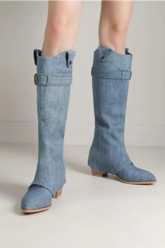 Spissetå Denim Slip On Vinterstøvler Firkantede Høye Hæler Spenne Støvletter Toppsalg Dame Plisserte Knehøye Støvler