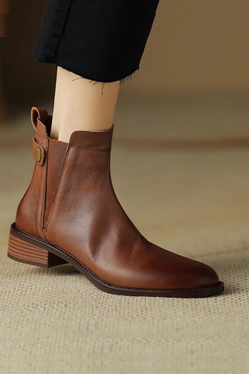 Vinter Damestøvler Chelsea Boots Rund Toe Damesko Ankelstøvler I Ekte Skinn Retro Brun