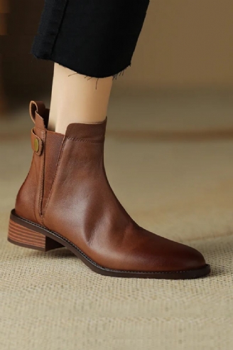 Vinter Damestøvler Chelsea Boots Rund Toe Damesko Ankelstøvler I Ekte Skinn Retro Brun