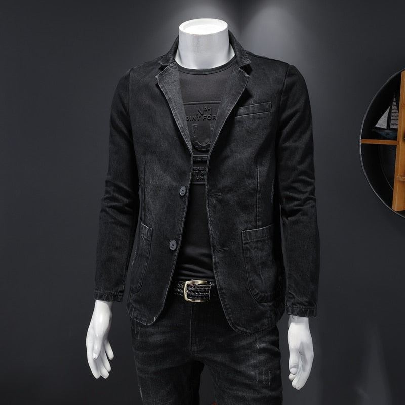 Denim Blazer Herre Jeans Slim Fit Cowboykåper Fritid Herredrakt Jeansjakke Casual Coat Enkelknapp Ny - Grå