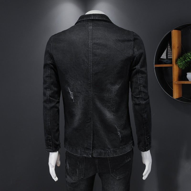 Denim Blazer Herre Jeans Slim Fit Cowboykåper Fritid Herredrakt Jeansjakke Casual Coat Enkelknapp Ny - Grå