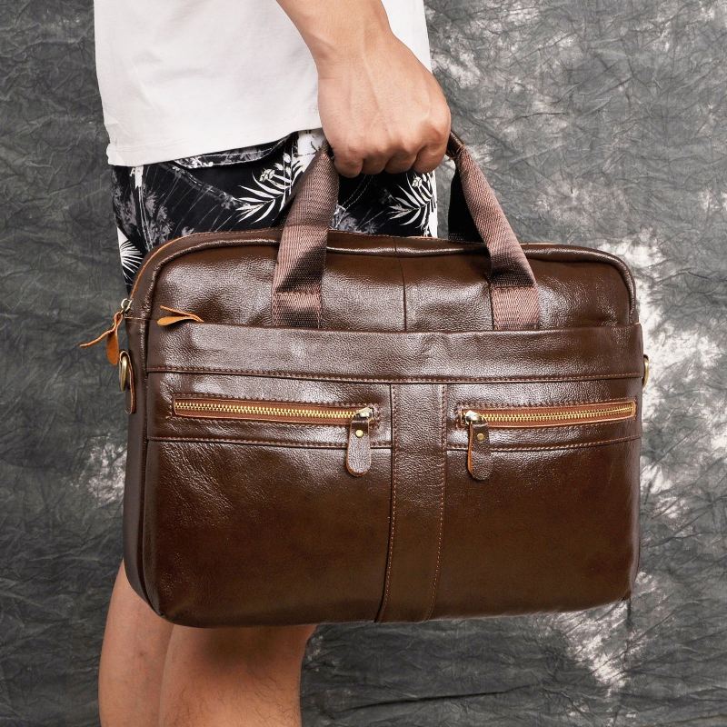 Menn Skinn Retro Reise Koffert Business 15.6 Tommer Laptop Veske Design Messenger Bag - Brun