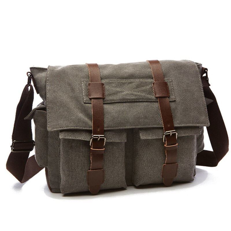 Messenger-vesker For Menn Lerret Og Lær Patchwork Big Satchel Skuldervesker Mannlig Bærbar Koffert Vintage Reisehåndveske - Khaki