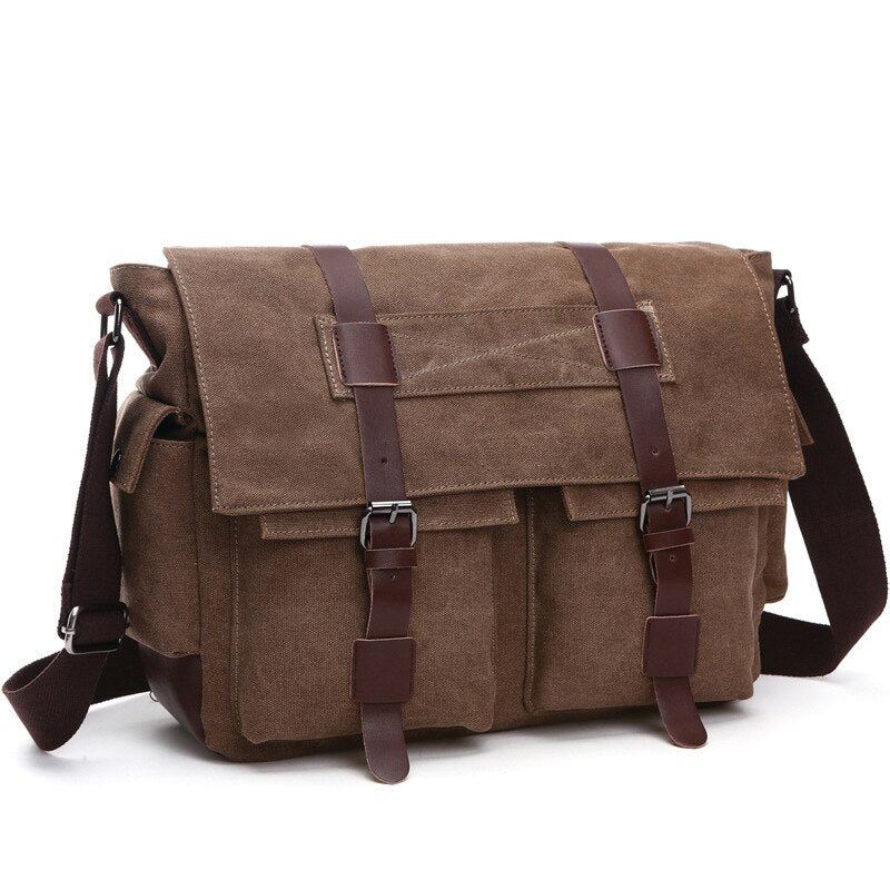 Messenger-vesker For Menn Lerret Og Lær Patchwork Big Satchel Skuldervesker Mannlig Bærbar Koffert Vintage Reisehåndveske - Khaki