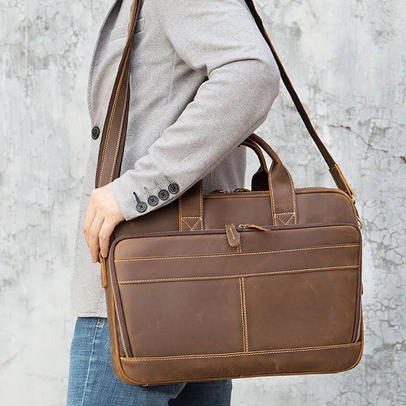 Skinnkoffert For Man Business Håndveske 15.6 Tommer Laptop Portfolio Skulder Messenger Bag - Brun