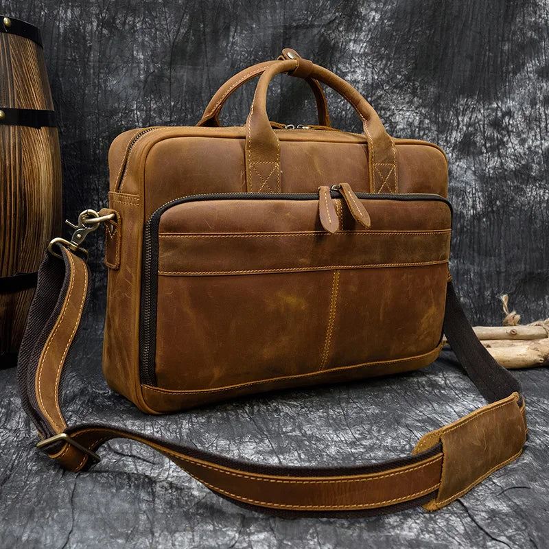 Skinnkoffert For Man Business Håndveske 15.6 Tommer Laptop Portfolio Skulder Messenger Bag - Brun