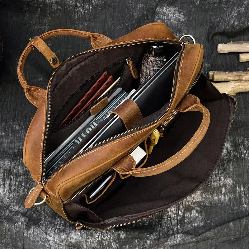 Skinnkoffert For Man Business Håndveske 15.6 Tommer Laptop Portfolio Skulder Messenger Bag - Brun