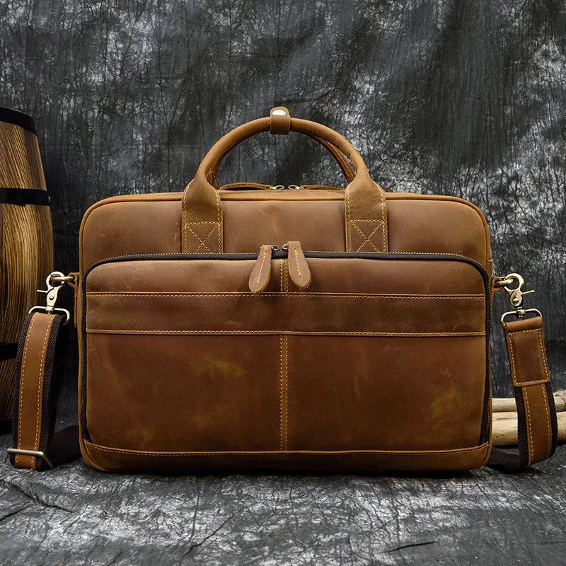 Skinnkoffert For Man Business Håndveske 15.6 Tommer Laptop Portfolio Skulder Messenger Bag - Brun