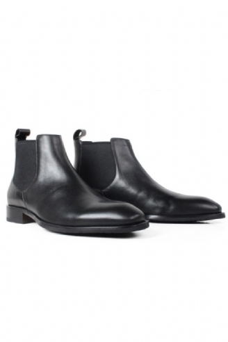 Black Chelsea Boots For Menn Square Toe Slip-on Flat Håndlagde Skinnstøvler Herre Patina Sko