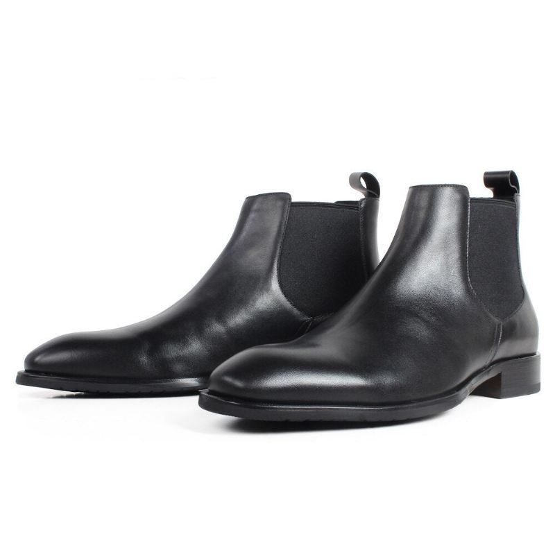 Black Chelsea Boots For Menn Square Toe Slip-on Flat Håndlagde Skinnstøvler Herre Patina Sko - Svart