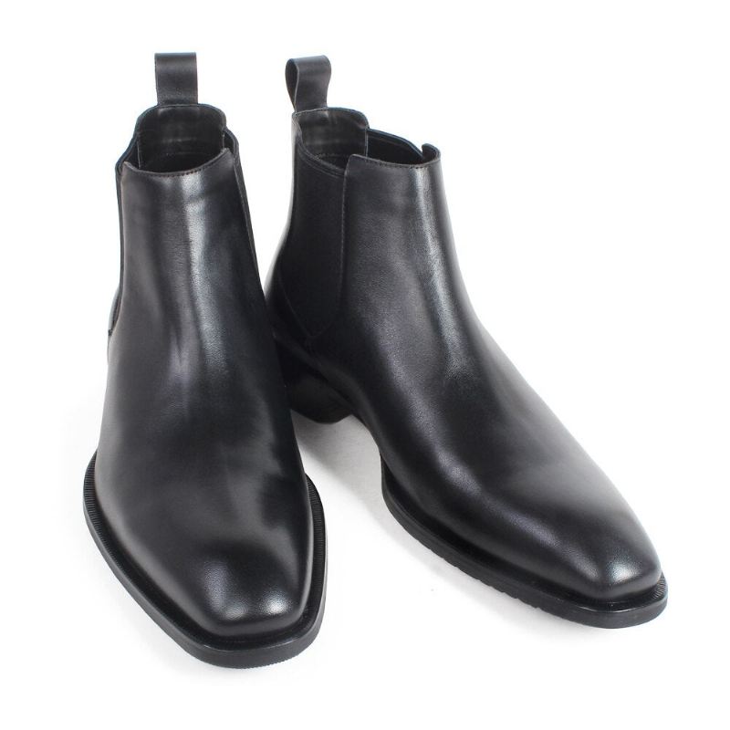 Black Chelsea Boots For Menn Square Toe Slip-on Flat Håndlagde Skinnstøvler Herre Patina Sko - Svart