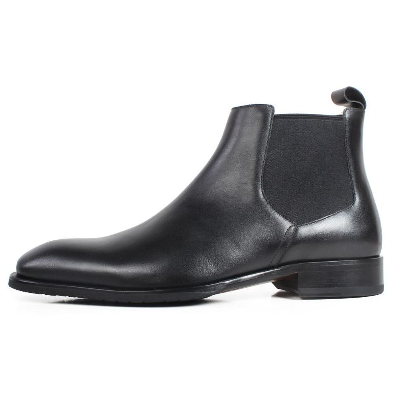 Black Chelsea Boots For Menn Square Toe Slip-on Flat Håndlagde Skinnstøvler Herre Patina Sko - Svart