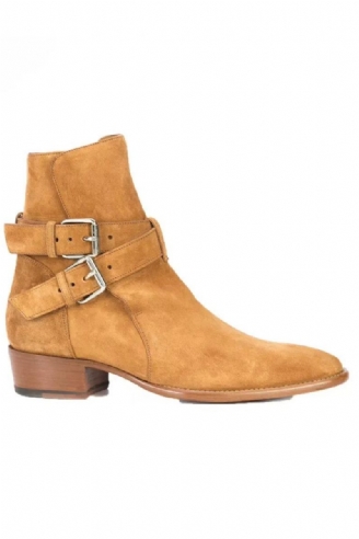 Britisk Stil Doble Stropper Spenne Tan Suede Ankelstøvler Spissede Tå Menn Firkantet Hæl Slip On Chelsea Boots