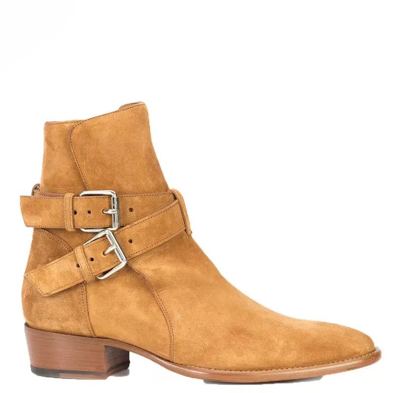 Britisk Stil Doble Stropper Spenne Tan Suede Ankelstøvler Spissede Tå Menn Firkantet Hæl Slip On Chelsea Boots - Brun