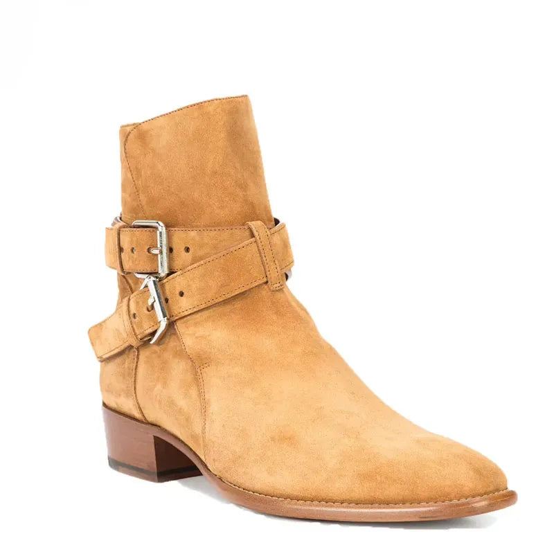 Britisk Stil Doble Stropper Spenne Tan Suede Ankelstøvler Spissede Tå Menn Firkantet Hæl Slip On Chelsea Boots - Brun