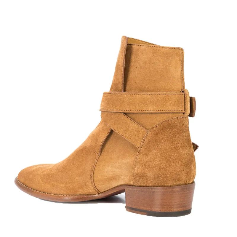 Britisk Stil Doble Stropper Spenne Tan Suede Ankelstøvler Spissede Tå Menn Firkantet Hæl Slip On Chelsea Boots - Brun